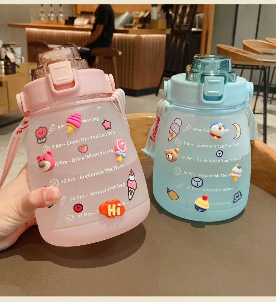 Cute Girls Water Bottle with Stickers Straw Big Belly Cup Sports