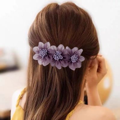 Korean Elegant Silk Yarn Flower Pearl Spring Clip Hairpin Hair Accessories