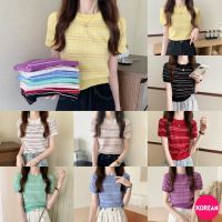 ?Korean Fashion?เสื้อยืดไหมพรม ลายริ้วเล็ก 8 สี เขียวมิ้น ม่วง ฟ้า ดำ เหลือง แดง ขาวน้ำเงิน ขาวชมพู