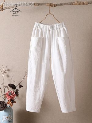 ﺴ Calf-length Harun Pants Womens Thin Cotton Elastic Waist Radish Trousers Loose Cropped