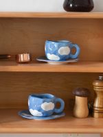 Hand Painted The Blue Sky and White Clouds Coffee Cup With Saucer Ceramic Handmade Tea Cup Saucer Set Cute Gift For Her