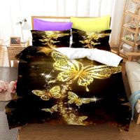 Luxury Black Gold Butterfly Bedding Set Soft Polyester Bed Linen with Pillowcase Queen King Double Size Women Duvet Cover Sets