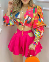 Women New Colorblock Lantern Sleeve Crop Top &amp; Cutout Plain Shorts Set Summer Casual Sexy Hollow Out Shirt 2PCS Suit Sets