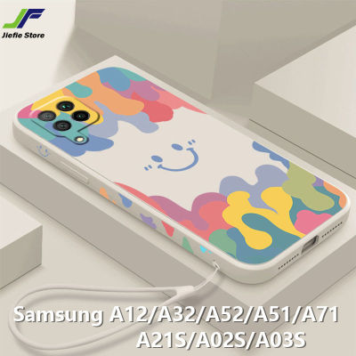 JieFie กรณีโทรศัพท์ยิ้มสำหรับ Samsung Galaxy A12 / A52 / A72 / A32 / A22 / A21S / A02S / A03S / A51 / A71 / A31 แฟชั่นสีซิลิโคนปกหลัง + เชือกเส้นเล็ก