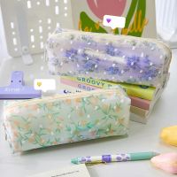 Pouch Pensil ขนาดเล็กสไตล์เกาหลี,เคสชุดทรงดินสอลายดอกไม้น่ารักเรียบง่ายกันน้ำเครื่องเขียนโปร่งแสงอุปกรณ์สำหรับนักเรียนกระเป๋าเก็บของ