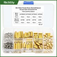 F8C503Y 200 Pcs แผงวงจรหลัก PCB ทองเหลืองฐานสิบหกตัวผู้และตัวเมีย ทองสีทอง M2.5 ชุดน็อตและสลักเกลียว สเปเซอร์เพิ่มระยะ ชุดสกรูน็อตเกลียว โครงการอิเล็กทรอนิกส์ DIY