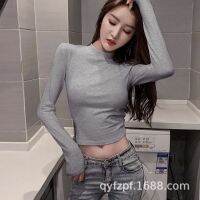 95 เสื้อตัวในแขนยาวผ้าฝ้ายแขนสั้นเอวรั่วสไตล์เกาหลีคอสูงกึ่งรัดรูปสีเขียวเข้มสีทึบเซ็กซี่ T เสื้อนักเรียนหญิง