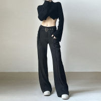 Spot parcel post2022 Korean Street Metal Buckle Belt Design Straight-Leg Trousers Low Waist Loose Slightly Flared Faux Pocket Suit Pants