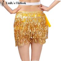 Womens Sequin Skirt Glitter Belly Dance Hip Mini Tassel Scarf Rave Wrap Belt Stage Performance Party Costume Cowgirl Outfit