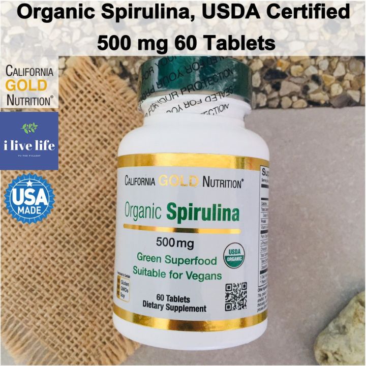 Organic Spirulina สาหร่ายสไปรูลิน่าออแกนิค 500 mg 60 Tablets USP