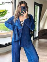 Fashion Pleated Long Sleeved Shirt Split Wide Leg Pants Outfit Womens Solid Casual 2Piece Set Elegant Holiday Office Streetwear