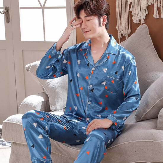 Black Men Nightwear Shirt Pants Sleep Pajamas Sets Long Sleeve