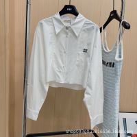 MIU MIU spring and summer New embroidered letter diamond buckle long sleeve short white shirt for women UUJ5 QC7311625