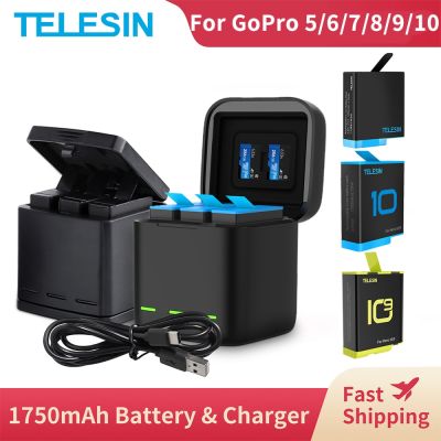 TELESIN For Gopro 11 10 9 Battery 1750Mah 3 Slots LED Light Charger Box TF Card Storage For Gopro Hero 5 6 7 8 9 10 11 Black