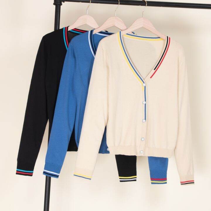 เสื้อคาร์ดิแกนถักสำหรับผู้หญิงสีดำเสื้อสเวตเตอร์ถักสไตล์-mode-korea