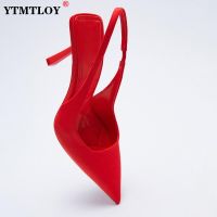 สีแดงพิมพ์ปั๊ม Slingbacks ผู้หญิงฤดูร้อนรองเท้าส้นสูงผู้หญิงเซ็กซี่รองเท้าส้นสูงพิมพ์ Zapatos Para Mujer