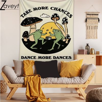 Cartoon Dancing Frog Mushroom Tapestry Print Take more chancesdance more dances Letter Wall Cloth 70s80s Disco Hippie