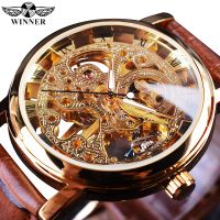 ZZOOI Winner Transparent Golden Case Luxury Casual Design Brown Leather Strap Mens Watches Top Brand Luxury Mechanical Skeleton Watch