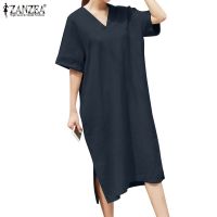 ✎✻✎ ZANZEA Women Korean Casual Loose Short Sleeve V Neck Cotton Mini Shift Dress