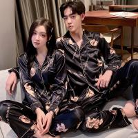 Fashion Sleepwear Silk Satin Pajamas Couple Set Long Button-Down Pyjamas Suit Pijama Women Men Loungewear Plus Size Pj Set M-5XL