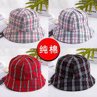 【cw】 Cotton Plaid Bucket Hat Womens Spring, Summer and Autumn Outdoor Travel Sun-Proof Trendy All-Matching Big Brim Bucket Hat