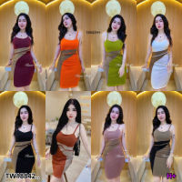 B18842 เดรส ทูโทน อกเสริมฟองน้ำ แต่งแถบสีน้ำตาล Two-tone dress, breast enhancement sponge brown stripes