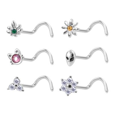 1PC 20g Surgical Steel Nose Stud Ring Nose Piercing for Women Cat Alien Flower Leaf CZ Inlaid Nose Screw Rings Body Jewelry Gift