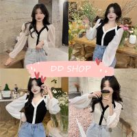 DD SHOPพร้อมส่ง 7263 เสื้อไหมพรมคอวี แขนยาวซีทรูเล็กๆ สไตล์สาวโคเรียน่ารัก