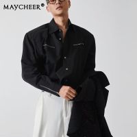 MAYCHEER   การออกแบบเสื้อแขนยาวของผู้ชายแฟชั่นความรู้สึกหลากหลายเสื้อเชิ้ตลำลองเสื้อใหม่