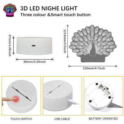 3แผ่นอะคริลิ3D ไฟในคืนการควบคุมแบบสัมผัสที่มีสีสันหลอดไฟ LED 3D นกยูงสัตว์แสงเด็กของขวัญสร้างสรรค์ห้องนอนตกแต่ง D30