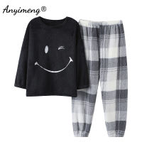 Nice Mood Smile Embroidary Pajama for Women Plaid Pants Winter Sleepwear for Lady Preppy Style Girls Pajamas Woman Flannel Pjs