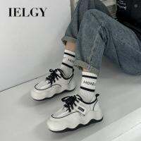 IELGY  รองเท้ากีฬาส้นหนาของผู้หญิงรองเท้าจับคู่สีสวมใส่สบายแบบหัวเท้ากลมมนรองเท้าสีขาวขนาดเล็ก