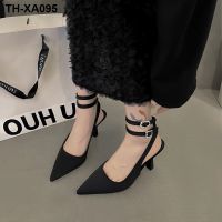 French pointed high-heeled shoes cool evening breeze han edition black sandals slippers with skirt 2023 British womens shoes for winter and spring