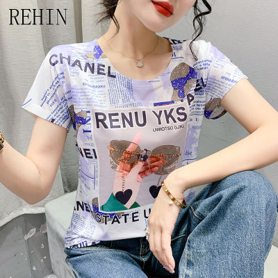 REHIN เสื้อผู้หญิงพิมพ์ลายตัวอักษร,ไม่เหมือนใครแฟชั่นใหม่เสื้อยืดแขนสั้นผ้าฝ้าย S-3XL ยาวถึงก้นเข้ารูปพอดี