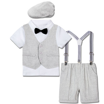 Baby Boys Outfits Set Infant Formal Suit Toddler Wedding Birthday Party Costume Blazer Gentleman Suit Shirt Shorts Vest Hat 4pcs