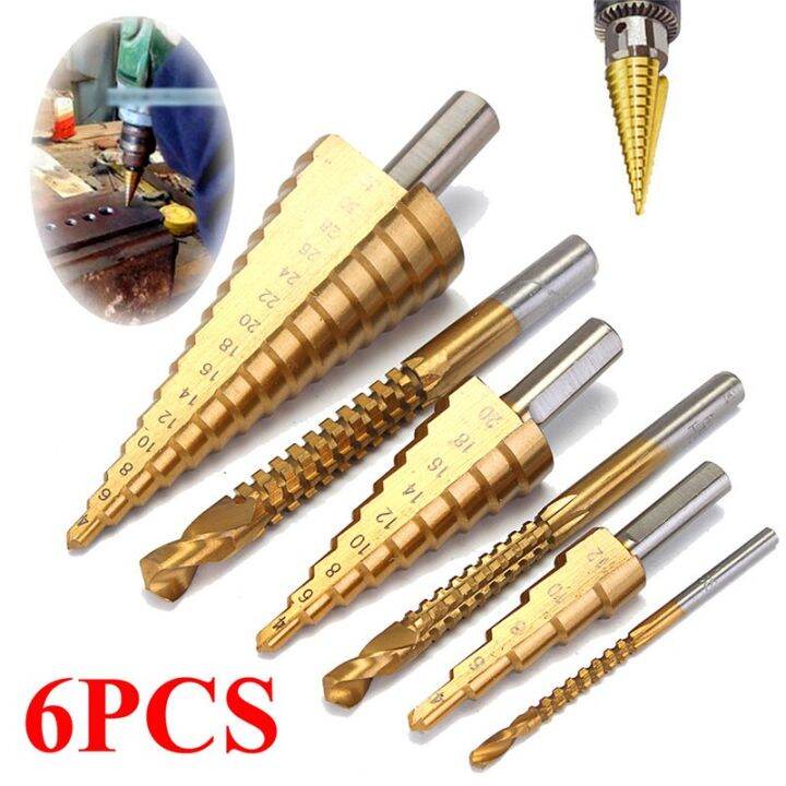 6Pcs Gerudi Step Drill Bit Titanium Coated HSS Drill Bit Universal Hole