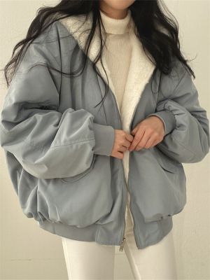 เสื้อโค้ทมีฮู้ดสองด้านสำหรับผู้หญิงแจ็กเก็ตอุ่นหนาฤดูหนาวทรงหลวมมีซิปแบบลำลองสำหรับ MODE Korea