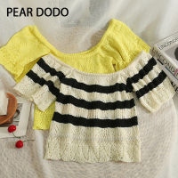 PEAR DODO เวอร์ชั่นเกาหลีกลวงออกถักแขนสั้นลายผู้หญิงด้านบน