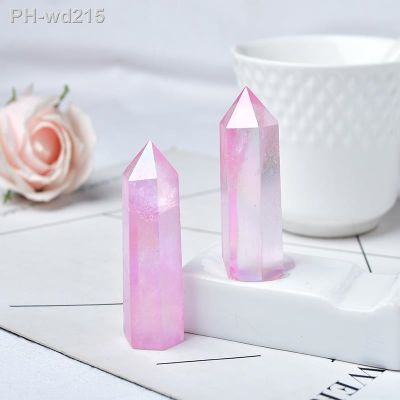 Natural Pink Aura Clear Quartz Crystal Point Electroplating Wand Healing Stone Energy Quartz Home Decoration Reiki Tower Gifts