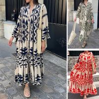 jkk Print Pleated V Neck Office Shirt 3/4 Sleeve Boho Dresses