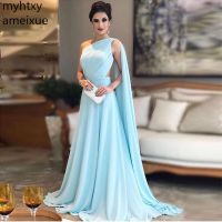 №✐❀ Party Gowns Elegant One Shoulder Blue Plus Size Evening Dress Sleeveless Pleats Chiffon Long Prom Illusion Back Women Formal