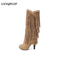 Retro Tassel Womens Knee-high Boots Round Toe High-heeled Fashion Party Europe and The United States Trendy Womens Boots