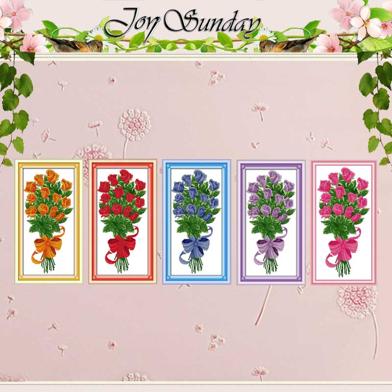 Joy Sunday A Wreath of Roses Counted Cross Stitch Kits,Cross-Stitch White Blank Fabric DIY DMC Embroidery Kit 14 Count 18x18 