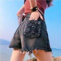 COD jfdss Denim Shorts Womens Summer Wide Leg Hot Pants Plus Size Burr Straight Loose Slimming High Waist Sequins