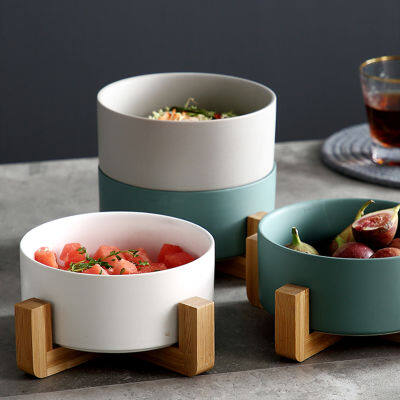 Salad Dessert Solid Color Ceramic Bowl Flat Bottom Large Creative Nordic Household Ramen Bowl with Wooden Stand