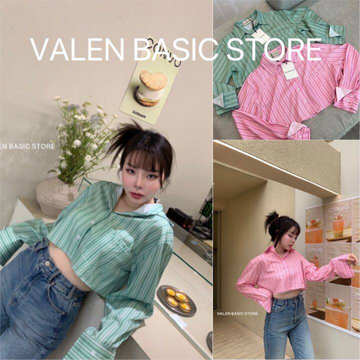 เสื้อเชื้ตทรงครอป-สไตล์เกาหลีเกาใจ-ดีเทลปลายแขนพับติดกระดุมสีขาว-valen-basic-store