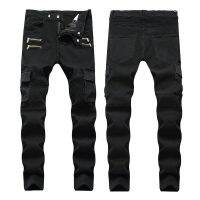 [Ready Stock] Cotton Slim-Fit Jeans European American Trendy Men BIKER Pleated Stretch Feet Casual Pants High Street Multi-Pocket Zipper Overalls