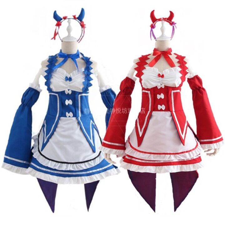 ram-rem-cosplay-re-zero-kara-hajimeru-isekai-seikatsu-black-blue-red-costume-maid-servant-dress