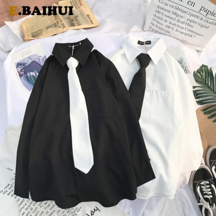 เสื้อยืดผ้าฝ้ายสำหรับผู้หญิง2023-ebaihui-เสื้อเชิ้ตแขนยาวทรงหลวมสำหรับนักเรียนสีขาวดำปกสองชั้นลำลองเสื้อวินเทจไซส์ใหญ่พิเศษฤดูใบไม้ร่วง