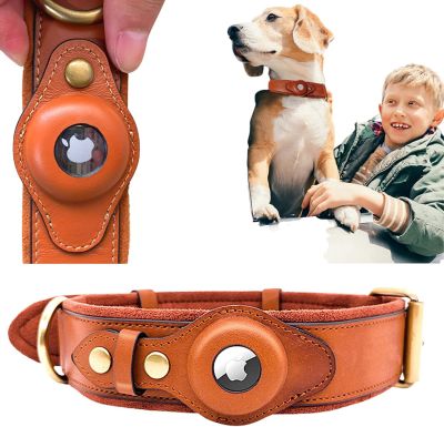 [HOT!] Airtag Holder Case Pet Dog Collar Leather solid and anti loss Genuine Leather Airtag Heavy Duty Dog Collar